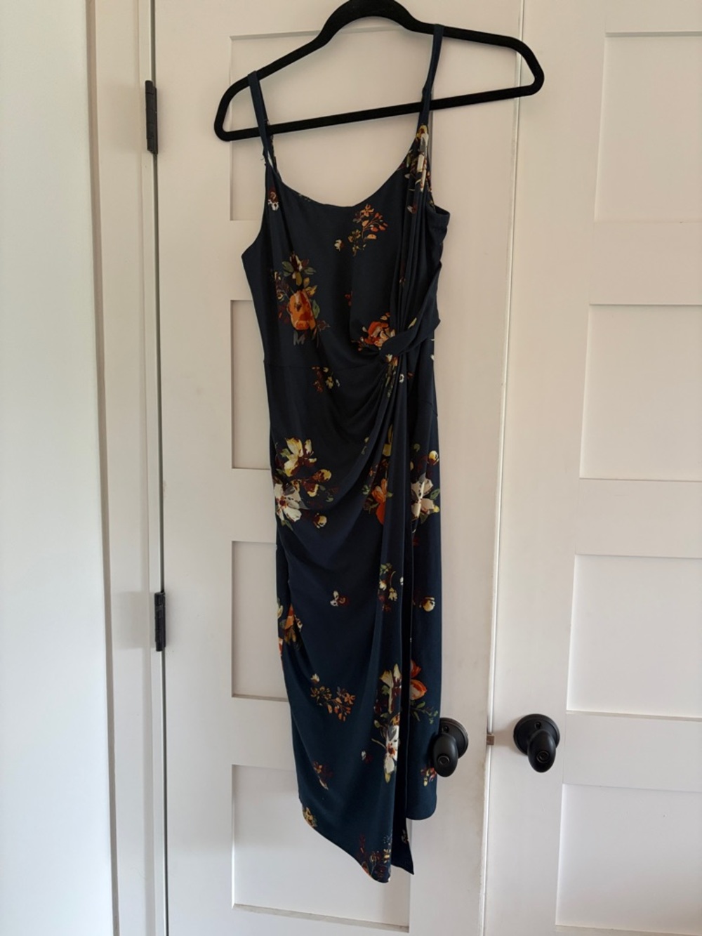 Navy Floral Draped Side Knot Tie Dress NWOT